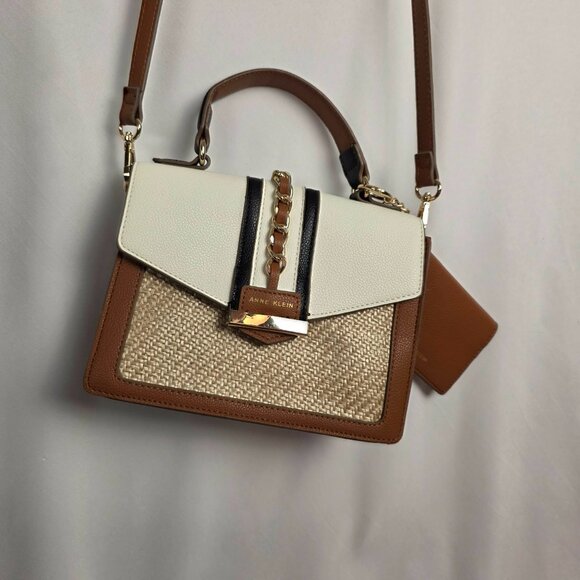 Anne Klein White & Brown Woven Crossbody w/ Detachable Wallet Pouch! - Picture 12 of 14